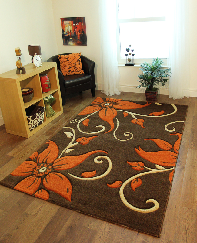 Brown Burnt Orange Beige Floral Motif Quality Rugs Stain Resistant